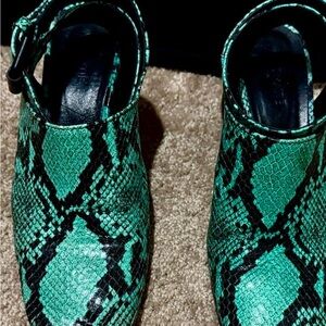 Vic Matie Emerald and Ebony Snake Pattern Mules